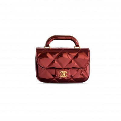 CHANEL FLAP BAG WITH TOP HANDLE METALLIC MIRROR CALFSKIN & GOLD-TONE METAL BURGUNDY AS5850 (18.5*12.9*4.5cm) CHANEL FLAP BAG WITH TOP HANDLE METALLIC MIRROR CALFSKIN & GOLD-TONE METAL BURGUNDY AS5850 (18.5*12.9*4.5cm)