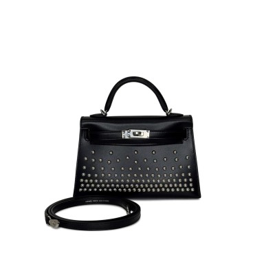 HERMÈS MASATER BLACK BOX CLOUTE STUDDED MINI KELLY II 20 PALLADIUM HARDWARE (20*12*6cm)