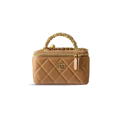 CHANEL PEARL CRUSH VANITY CASE CHAIN SHOULDER BAG LAMBSKIN BEIGE (16*9.5*8cm) CHANEL PEARL CRUSH VANITY CASE CHAIN SHOULDER BAG LAMBSKIN BEIGE (16*9.5*8cm)