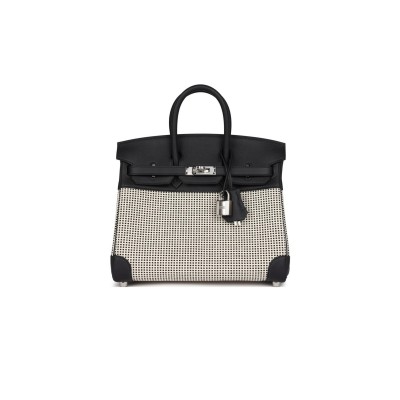 HERMÈS MASTER QUADRILLE BIRKIN 25 BLACK SWIFT AND ECRU TOILE PALLADIUM HARDWARE (25*20*13cm)