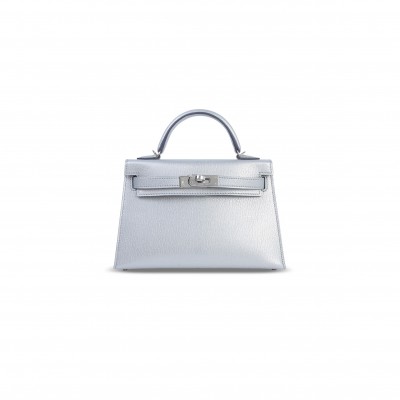 HERMES MASTER MINI KELLY SILVER METALLIC ARGENT CHAMKILA PALLADIUM HARDWARE (19*12*5.5cm)