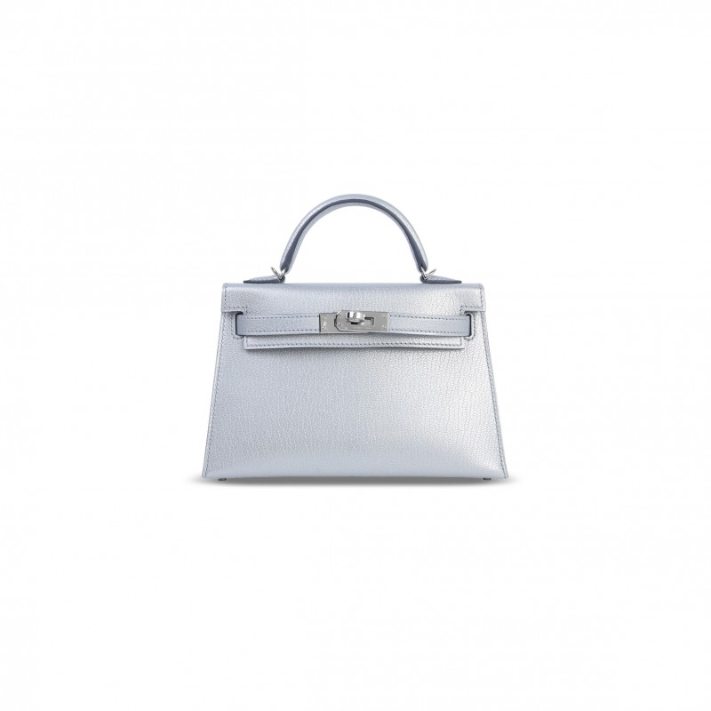 HERMES MASTER MINI KELLY SILVER METALLIC ARGENT CHAMKILA PALLADIUM HARDWARE (19*12*5.5cm)