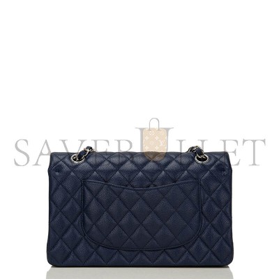 CHANEL CLASSIC DOUBLE FLAP QUILTED CAVIAR SILVER-TONE MEDIUM NAVY BLUE A01112 (25.5*15.5*6.5cm)