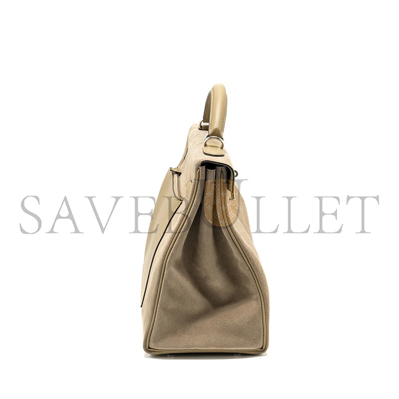 HERMES MASTER MAXI KELLY 42 GRIS CAILLOU GRIZZLY SUEDE AND BEIGE MARFA SWIFT (42*27*17cm)