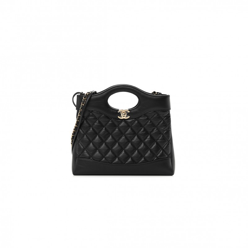 CHANEL MASTER SHINY CRUMPLED CALFSKIN QUILTED MINI 31 SHOPPING BAG BLACK (24.5*22*5.5cm) 