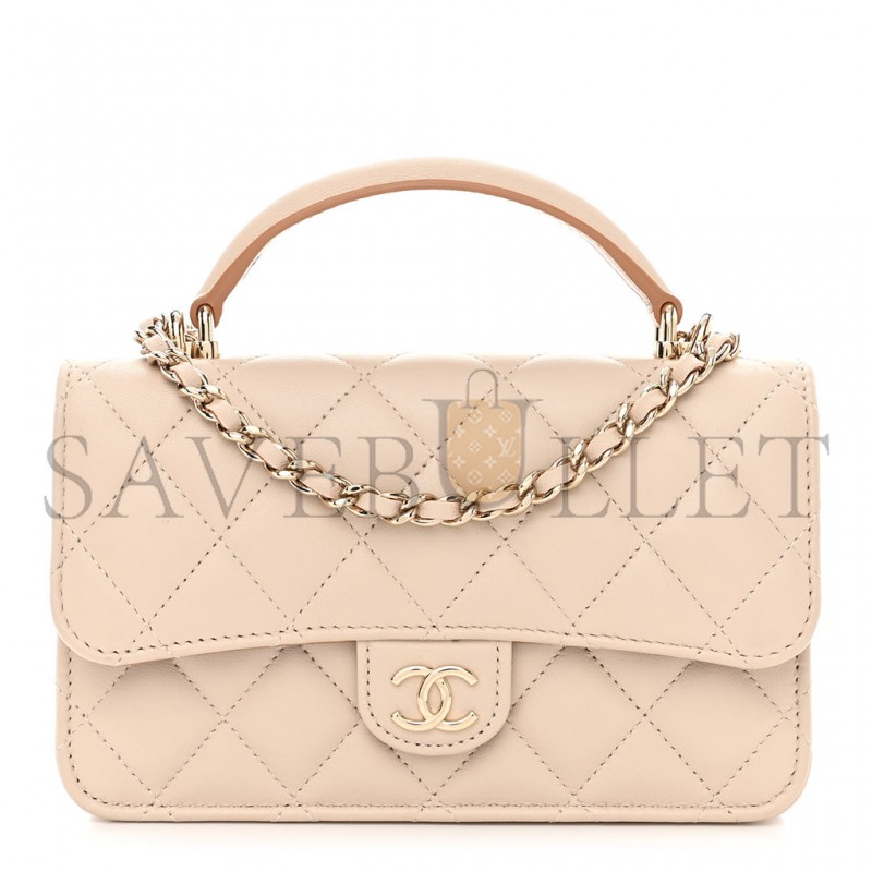 CHANEL MASTER LAMBSKIN QUILTED FLAP PHONE HOLDER WITH CHAIN BEIGE BROWN AP3226 (17.2*10*3.3cm)