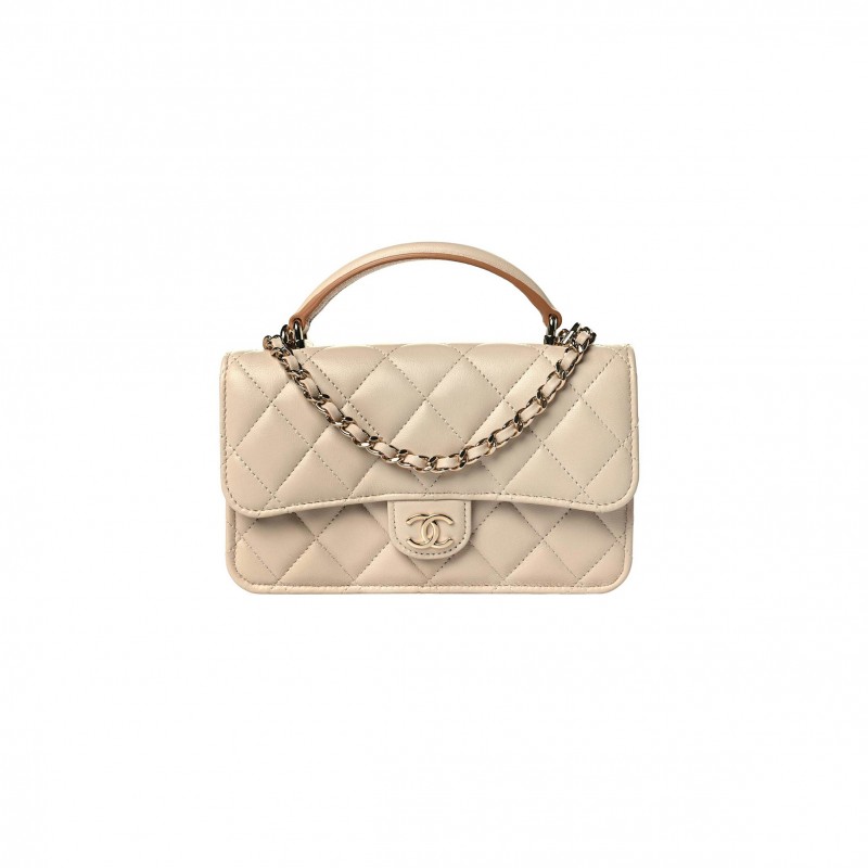 CHANEL MASTER LAMBSKIN QUILTED FLAP PHONE HOLDER WITH CHAIN BEIGE BROWN AP3226 (17.2*10*3.3cm)