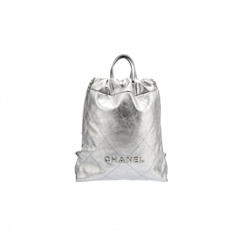 CHANEL MASTER METALLIC CALFSKIN QUILTED CHANEL 22 BACKPACK SILVER (34*29*10.5cm) 