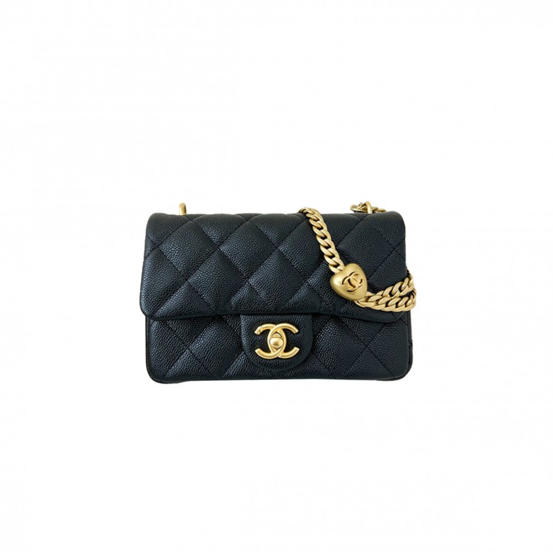 CHANEL MASTER 23P HEART ADJUSTABLE CHAIN MINI FLAP BAG IN BLACK CAVIAR (19*13*5cm) 