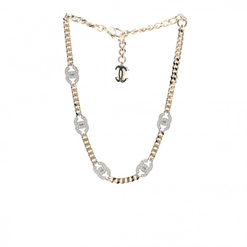 CHANEL CRYSTAL CHAIN CC LINK CHOKER GOLD SILVER 1388448