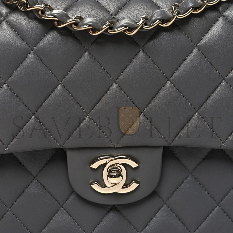CHANEL LAMBSKIN QUILTED DOUBLE FLAP DARK GREY AS1112 (25.5*15.5*6.5cm)