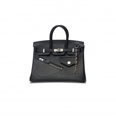 HERMES MASTER BIRKIN ROCK 25 BLACK CALFSKIN SILVER BUCKLE 7236323706 (25*20*13cm)