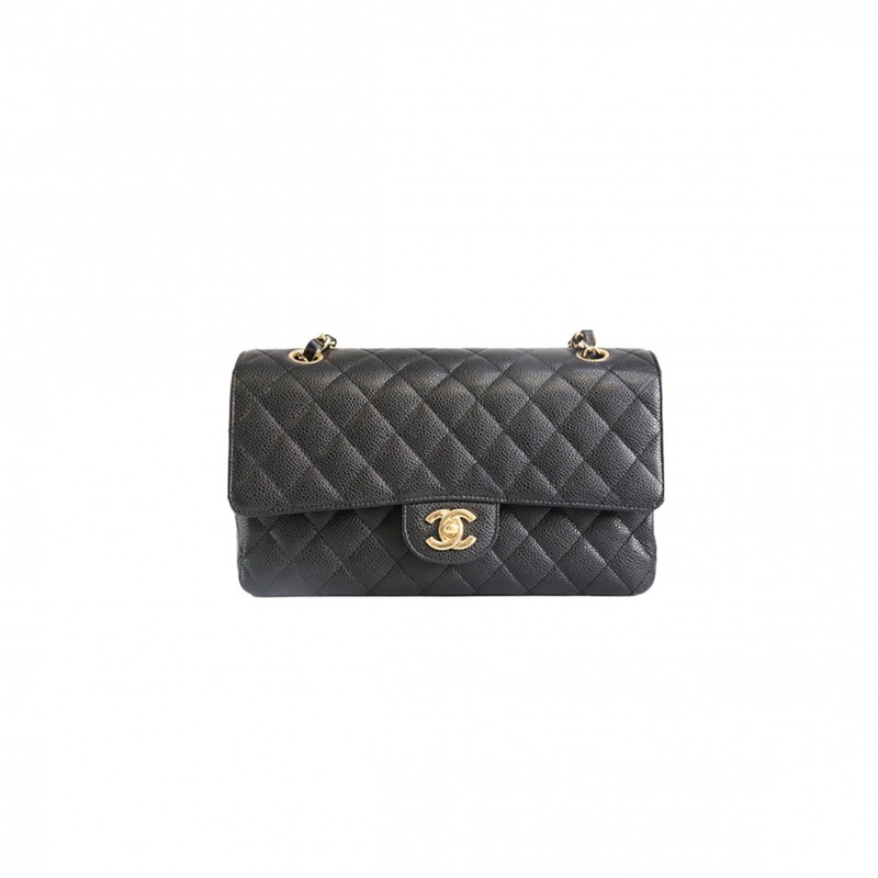 CHANEL CLASSIC MEDIUM DOUBLE FLAP, BLACK CAVIAR LEATHER, GOLD HARDWARE (25.5*15.5*6.5cm) 