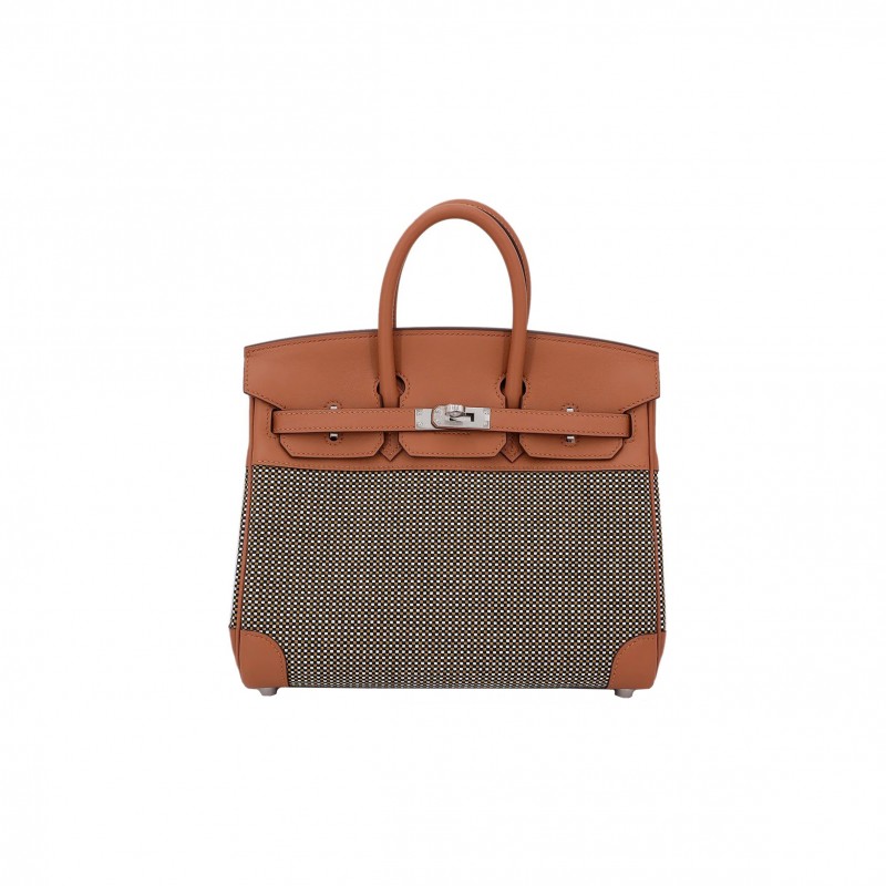 HERMES MASTER BIRKIN 25 QUADRILLE BROWN CANVAS LEATHER SILVER BUCKLE PLATINUM BAG 10093061 (25*20*13cm)