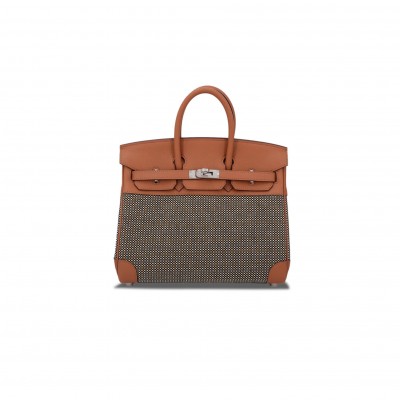 HERMES MASTER BIRKIN 25 QUADRILLE BROWN CANVAS LEATHER SILVER BUCKLE PLATINUM BAG 10093061 (25*20*13cm)