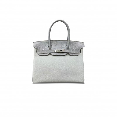 HERMES MASTER BIRKIN 25 CROCODILE PEARL GREY WITH TOGO SILVER BUCKLE 40110812 (25*20*13cm)
