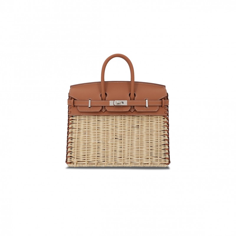 HERMES MASTER BIRKIN PICNIC 25 BROWN WICKER SILVER BUCKLE PLATINUM BAG 10078587 (25*20*13cm)