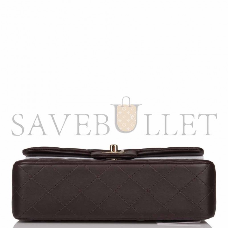 CHANEL CLASSIC DOUBLE FLAP BAG DARK BROWN LAMBSKIN LIGHT GOLD HARDWARE AS1117 (23*14.5*6cm)