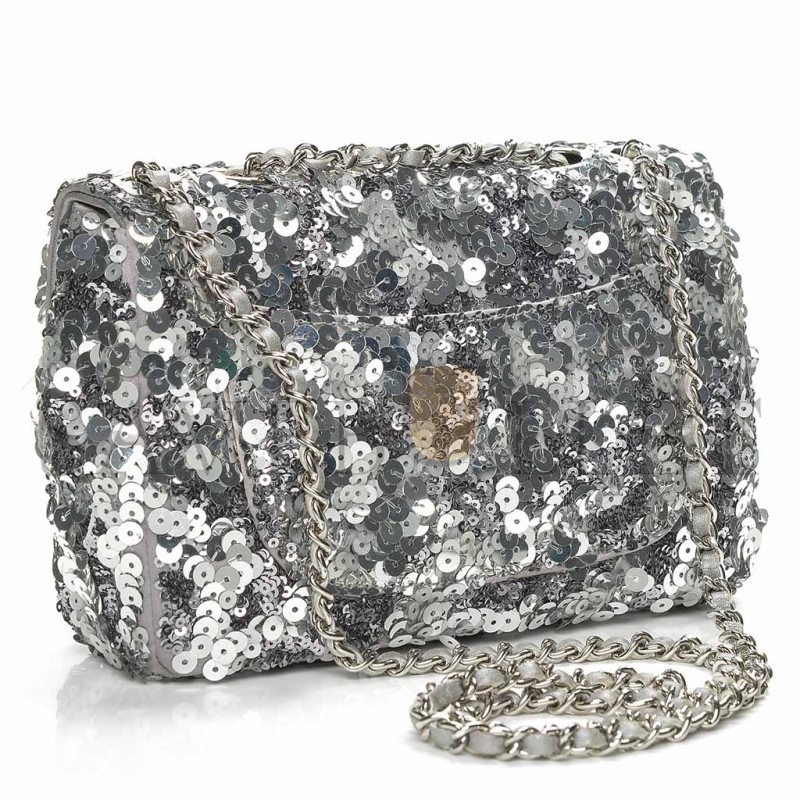 CHANEL SEQUIN CLASSIC SMALL FLAP SILVER (21*14*8cm) 