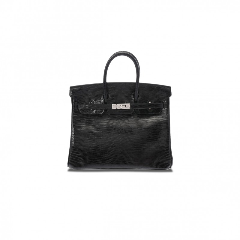 HERMÈS MASTER BIRKIN 25 LIZARD SKIN BLACK SILVER BUCKLE BAG 623541 (25*18*13cm)
