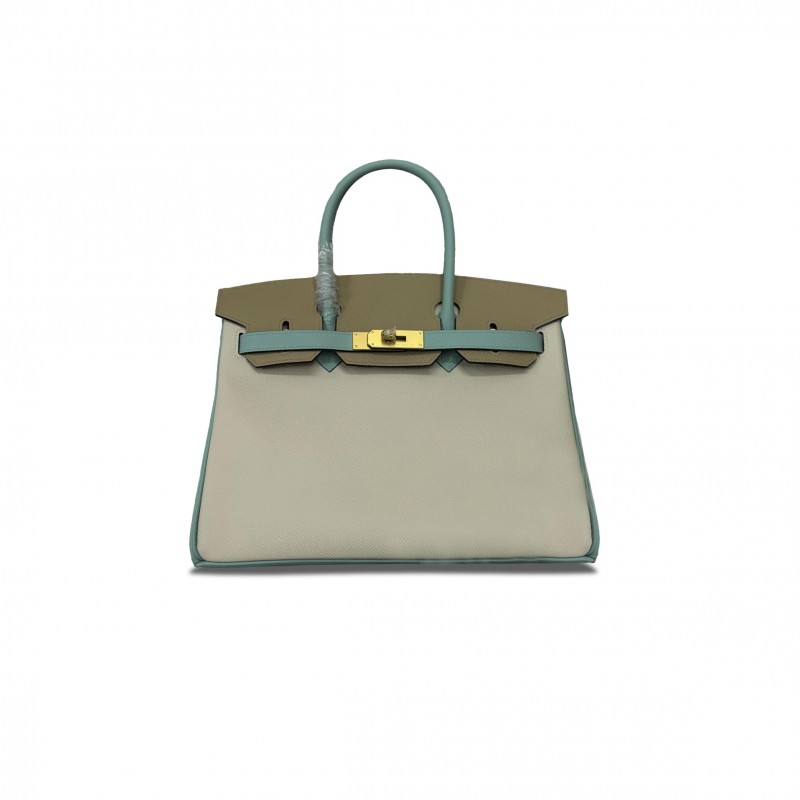 HERMES MASTER BIRKIN 30 MILKSHAKE WHITE HOLY GRAIL BLUE ASPHALT GREY EPSOM LEATHER GOLD BUCKLE 2160500417673 (30*22*16cm)