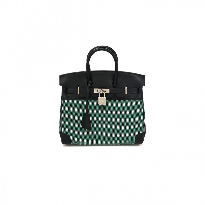 HERMES MASTER BIRKIN 25 BLACK TOILE QUADRILLE MENTHE BAG 003785348 (25*18*13cm)