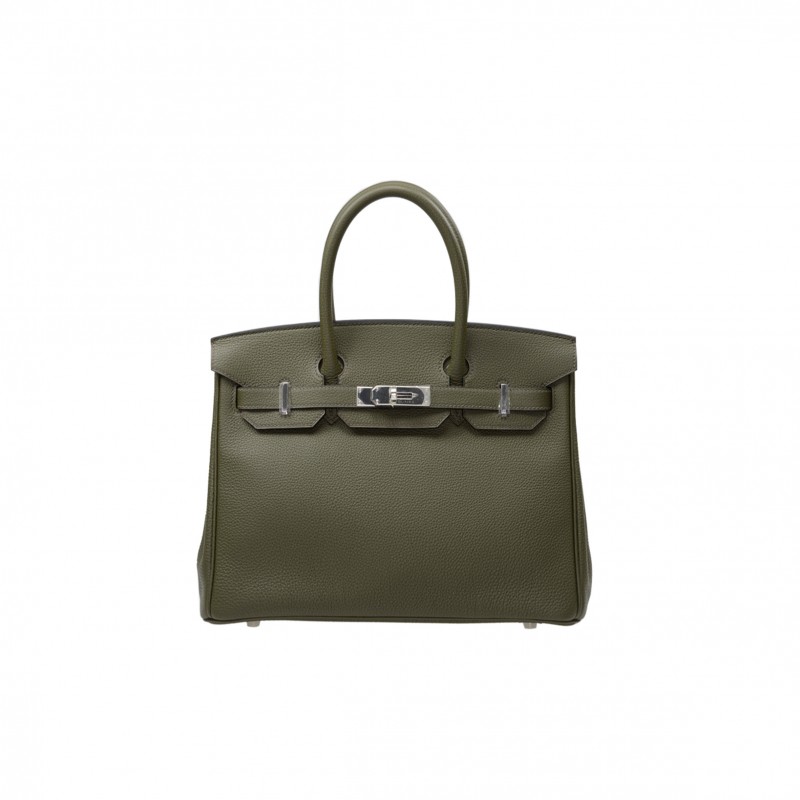 HERMES BIRKIN 25 TOGO LEATHER OLIVE GREEN SILVER BUCKLE H028369CK61 (25*20*13cm)