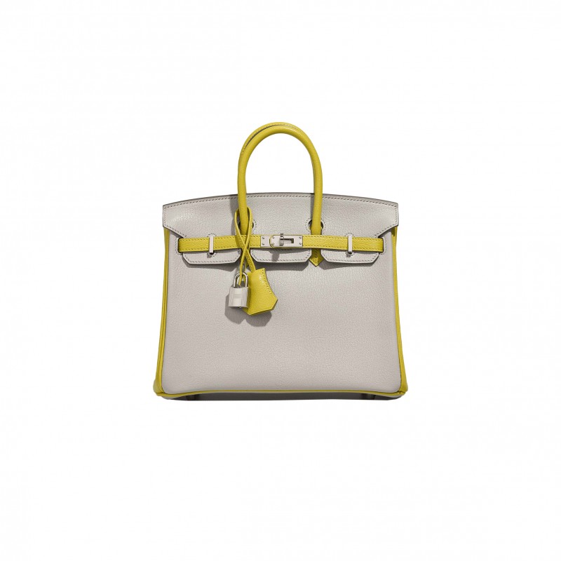 HERMÈS MASTER BIRKIN 25 SWIFT LEATHER PEARL GREY LEMON YELLOW SILVER BUCKLE BAG 3237 (25*20*13cm)