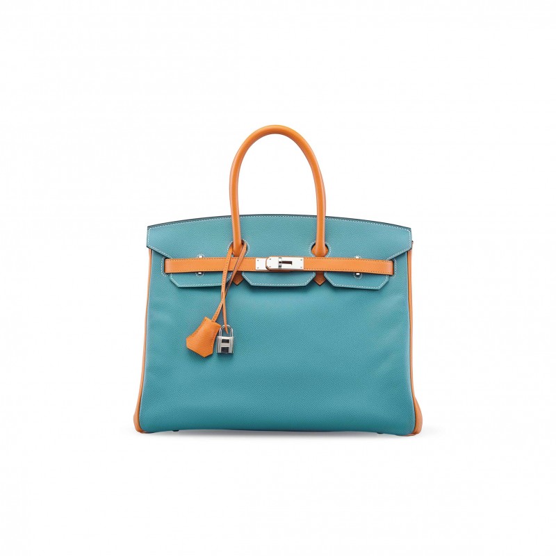 HERMÈS BIRKIN 25 TOGO LEATHER PEACOCK BLUE AND SUN YELLOW LEATHER WITH HORSESHOE LOGO SILVER BUCKLE 10092958 (25*20*13cm)