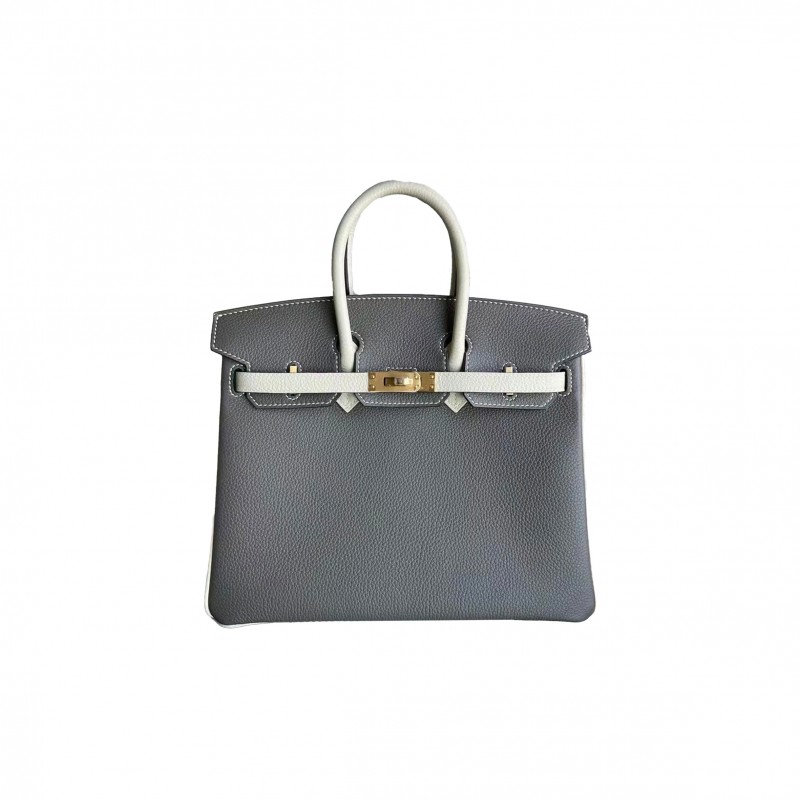 HERMES BIRKIN 30 EPSOM LEATHER ASPHALT GRAY AND CREAM WHITE GOLD BUCKLE H041344CC (30*23*15cm)