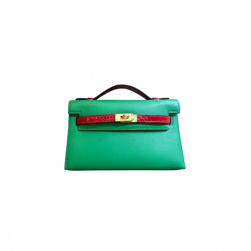 HERMES MINI KELLY SWIFT BAMBOO GREEN FERRARI RED CROCODILE SKIN (22*14*7cm) 