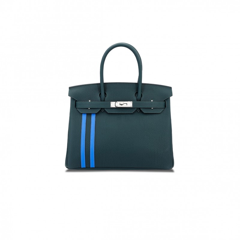 HERMÈS MASTER BIRKIN 25 TOGO LEATHER CYPRESS GREEN AND GLASS BLUE WITH SILVER BUCKLE BAG 8241275657 (25*20*13cm)