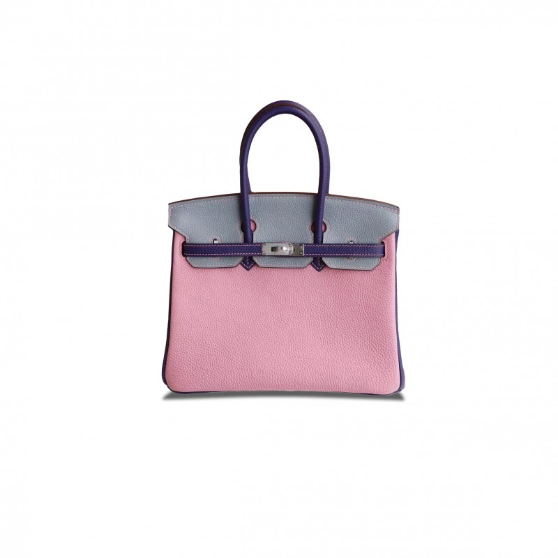 HERMÈS MASTER BIRKIN 25 TOGO LEATHER LINEN BLUE SWALLOWTAIL PURPLE MILKSHAKE PINK SILVER BUCKLE BAG H028365CC08 (25*20*13cm)