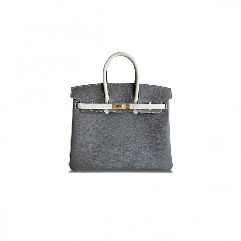 HERMES MASTER BIRKIN 25 TOGO LEATHER ASPHALT GREY AND MILKSHAKE WHITE GOLD BUCKLE BAG H028365CC09 (25*20*13cm)