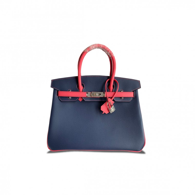 HERMES MASTER BIRKIN 30 EPSOM DARK BLUE LIPSTICK PINK SILVER BUCKLE 91314626193 (30*23*15cm)