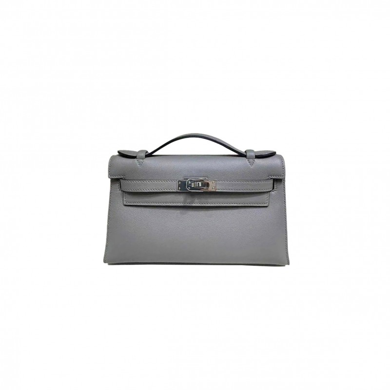 HERMÈS KELLY POCHETTE SWIFT CUMULONIMBUS GRAY SILVER BUCKLE (22*14*7cm) 