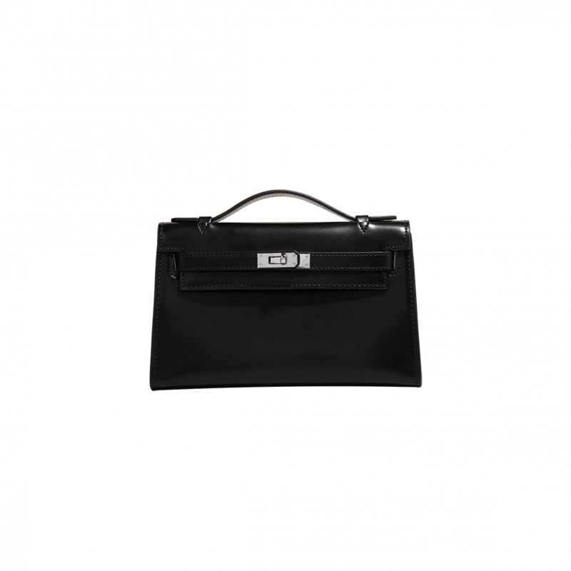 HERMÈS BLACK BOX LEATHER KELLY POCHETTE BAG (22*14*7cm) 