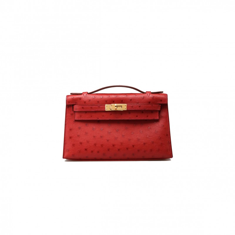 HERMÈS MASTER KELLY POCHETTE BAG ROUGE VIF RED OSTRICH CLUTCH GOLD HARDWARE (22*14*7cm) 