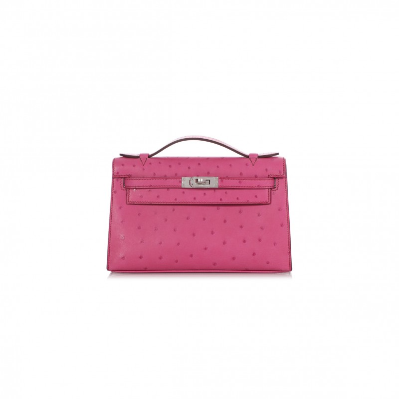 HERMÈS MASTER FUCHSIA OSTRICH KELLY POCHETTE PALLADIUM HARDWARE (22*14*7cm) 