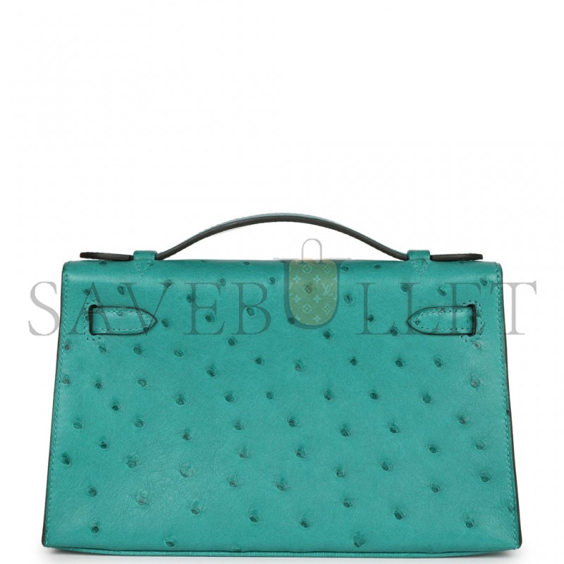 HERMÈS MASTER KELLY POCHETTE VERT VERONE OSTRICH GOLD HARDWARE (22*14*7cm) 