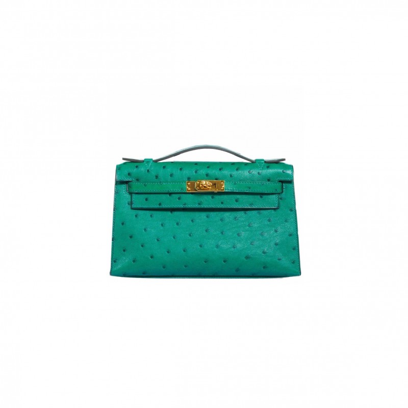 HERMÈS MASTER KELLY POCHETTE VERT VERONE OSTRICH GOLD HARDWARE (22*14*7cm) 