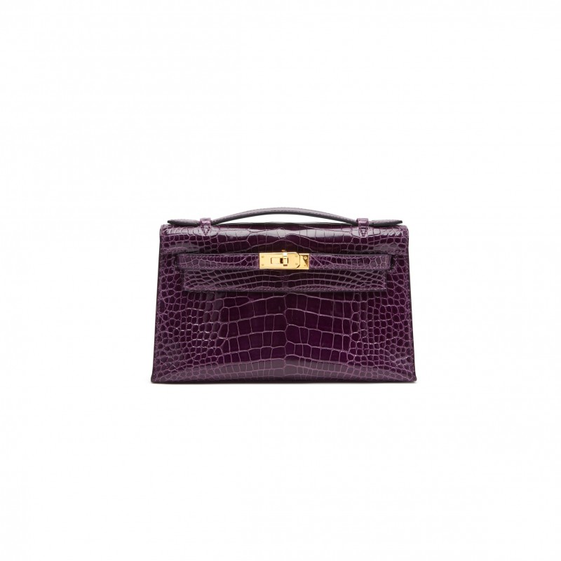 HERMÈS MASTER AMETHYST KELLY POCHETTE IN SHINY ALLIGATOR MISSISSIPPIENSIS WITH GOLD HARDWARE (22*14*7cm) 