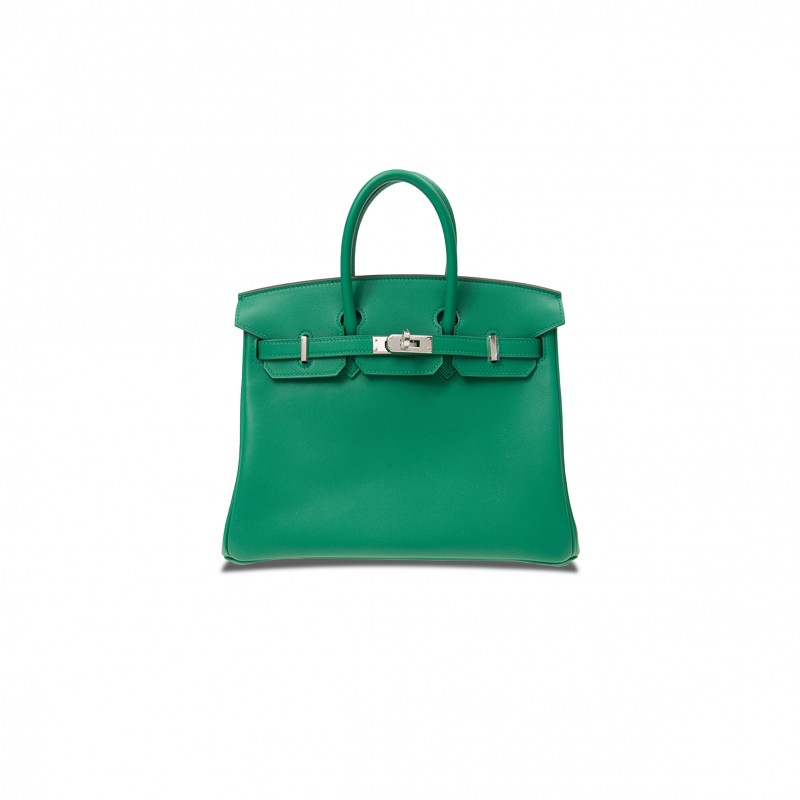 HERMÈS BIRKIN 25 SWIFT LEATHER VELVET GREEN SILVER BUCKLE H049362CK17 (25*20*13cm)