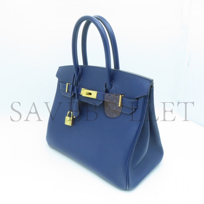 HERMÈS MASTER BIRKIN 25 SWIFT LEATHER AGATE BLUE GOLD BUCKLE H049362CK23 (25*20*13cm)