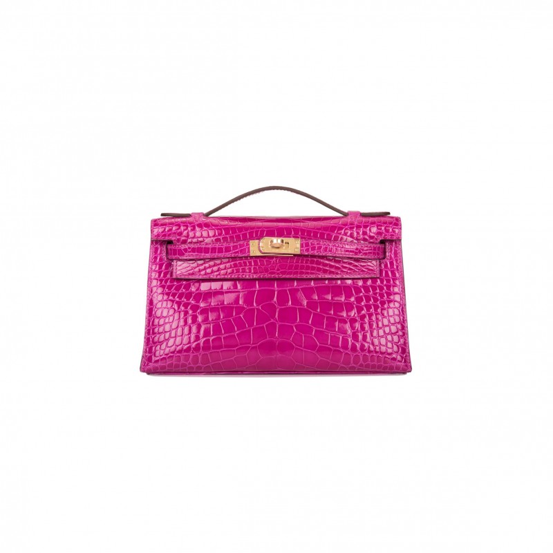 HERMÈS MASTER ROSE SCHEHERAZADE SHINY ALLIGATOR MINI KELLY POCHETTE GOLD HARDWARE (22*14*7cm) 
