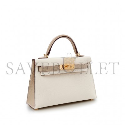 HERMÈS MASTER MINI KELLY II EPSOM CREAM WHITE WINDBREAKER GRAY GOLD HARDWARE (19*12*5.5cm)