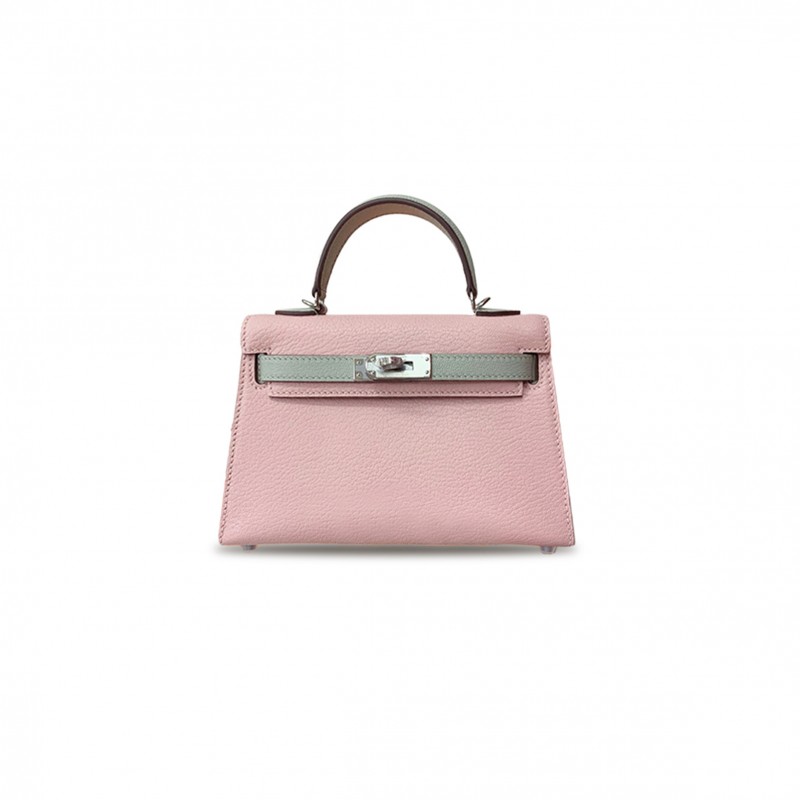 HERMÈS MINI KELLY II GOATSKIN, CHERRY BLOSSOM PINK AND PEARL GRAY, SILVER BUCKLE (19*12*5.5cm) 