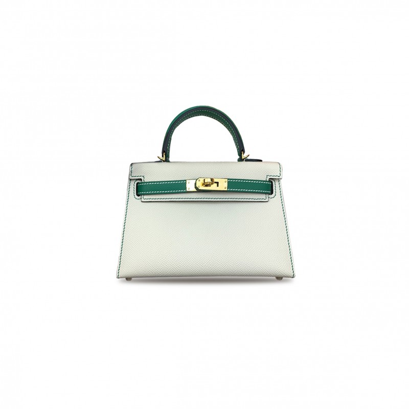 HERMÈS MINI KELLY II EPSOM MILKSHAKE WHITE WITH MALACHITE GREEN GOLD BUCKLE (19*12*5.5cm) 