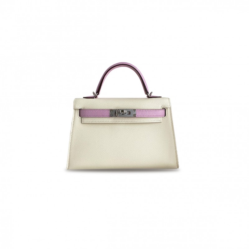 HERMÈS MINI KELLY II EPSOM CREAM WHITE WITH MALLOW PURPLE SILVER BUCKLE (19*12*5.5cm) 