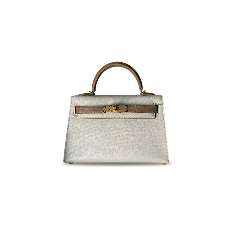 HERMÈS MINI KELLY II CHEVER PEARL GRAY WITH ELEPHANT GRAY GOLD BUCKLE(19*12*5.5cm) 